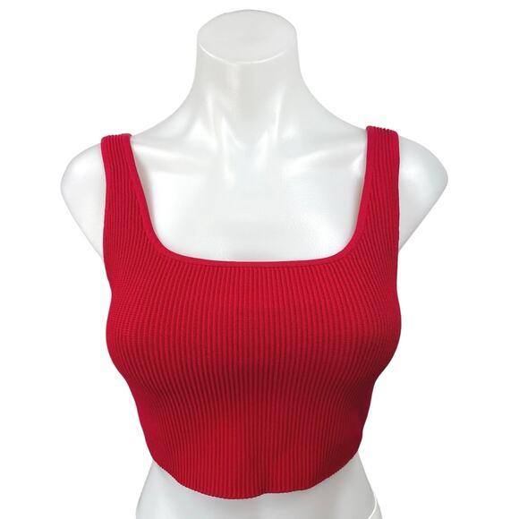 Aritzia Babaton Red Rib Knit Sleeveless Square Neck Sculpt Crop Tank Top Sz M - Picture 1 of 4